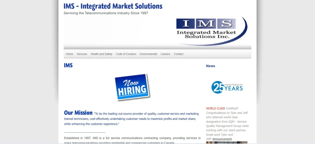 IMS (Integrated Market Solutions) website, showcasing their mission statement, navigation menu, hiring announcement, and celebration of 25 years in the telecommunications industry.