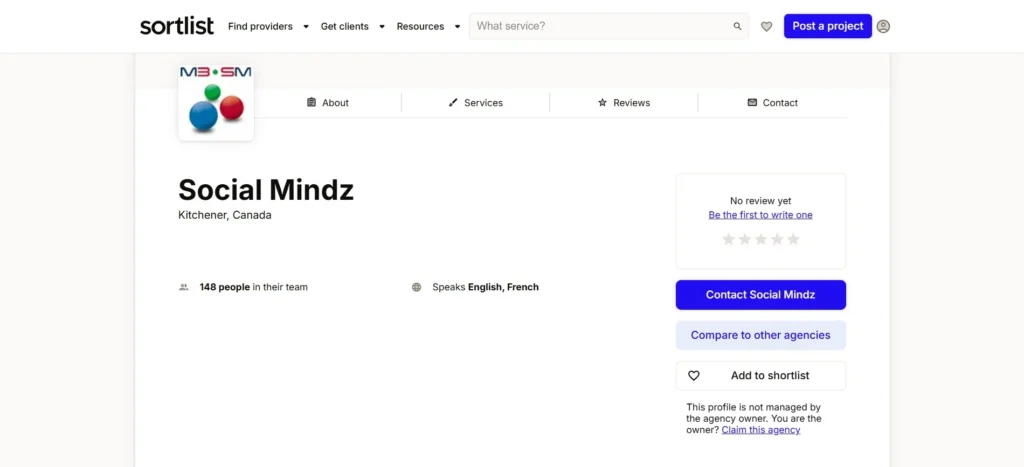 "Profile page of Social Mindz on Sortlist, showing agency details including location in Kitchener, Canada, team size of 148, languages spoken (English and French), and contact options."