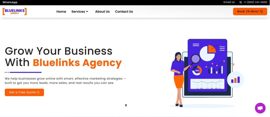 Bluelinks Agency homepage with text “Grow Your Business with Bluelinks Agency” alongside a female character illustration analyzing marketing data.