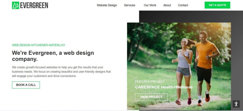 Evergreen’s homepage showcasing their web design services in Kitchener-Waterloo with a call to action and project image of active clients.
