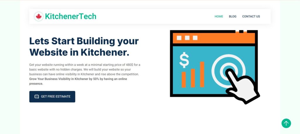 KitchenerTech homepage with bold text “Let’s Start Building Your Website in Kitchener” and an icon of a dollar graph and target click.