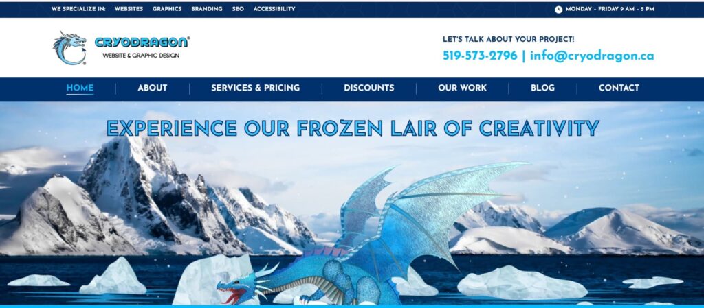 CryoDragon homepage featuring icy mountains and a custom blue dragon with the tagline “Experience Our Frozen Lair of Creativity.”