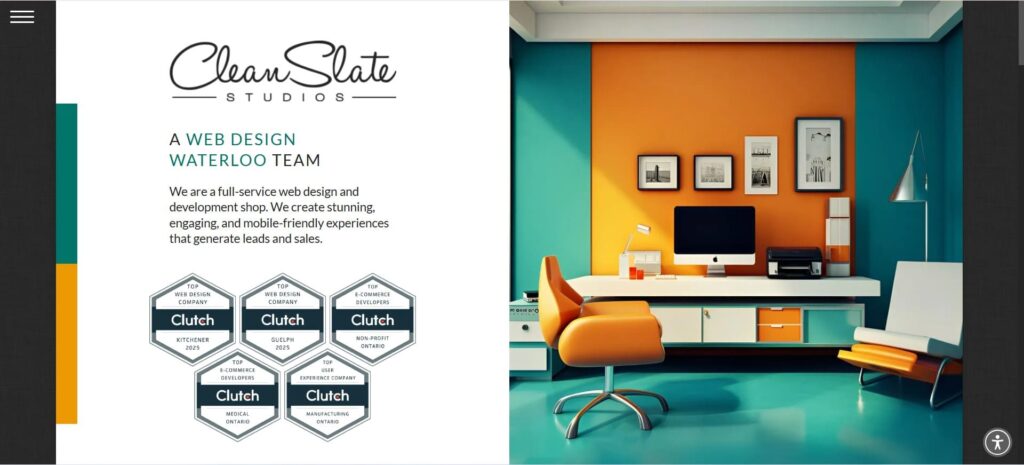 Clean Slate Studios’ homepage showcasing their web design team accolades and a modern workspace with vibrant teal and orange design.