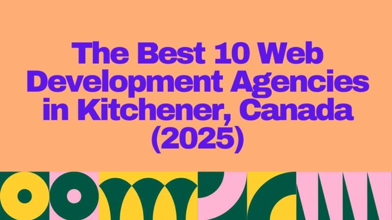 "Colorful graphic titled 'The Best 11 Email Marketing Agencies in Kitchener, Canada (Updated 2025)' with bold purple text on a peach background and modern geometric design elements."
