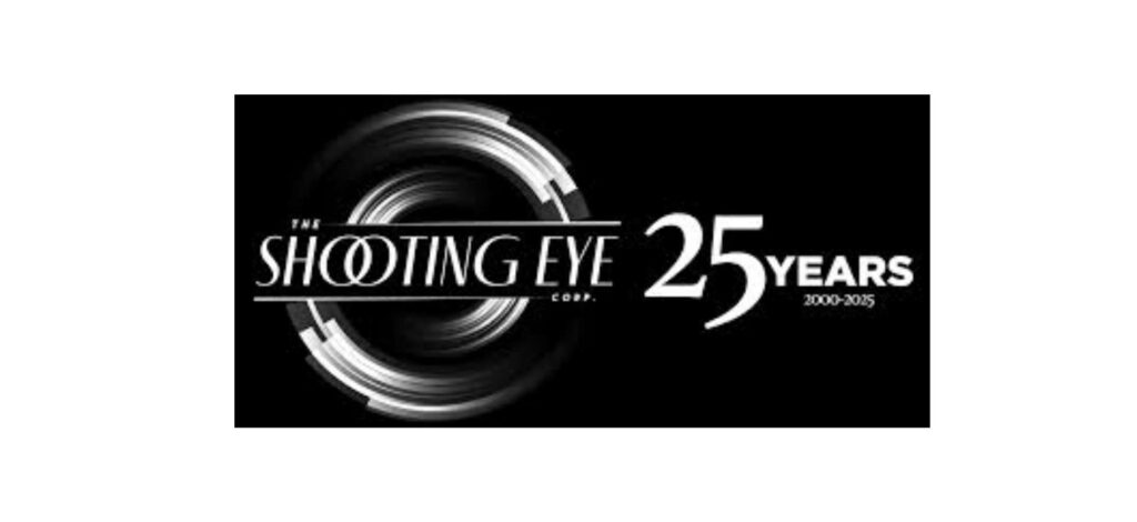 Black and white logo of The Shooting Eye Corp celebrating 25 years of filmmaking and branding services from 2000 to 2025.
