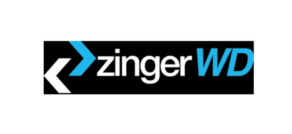 Zinger Web Design logo with blue and white arrow elements on a black background, reflecting their forward-thinking approach to website design and development.