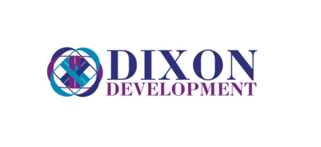 Dixon Development logo with a modern purple and teal interwoven design and bold text, representing a Hamilton-based digital marketing and consulting agency.
