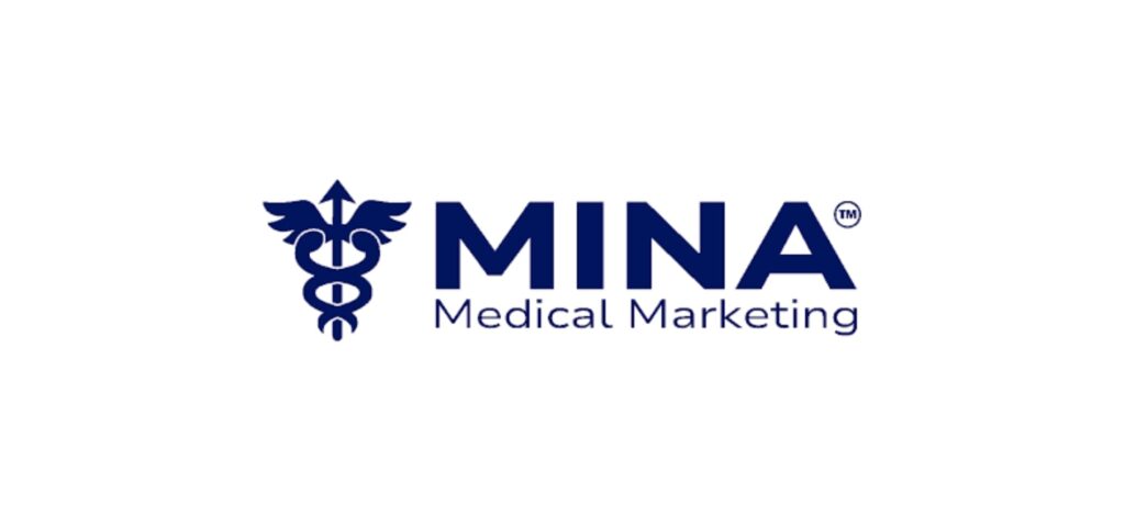 "MINA Medical Marketing logo featuring a medical caduceus icon and navy blue text, focusing on healthcare-focused digital marketing."