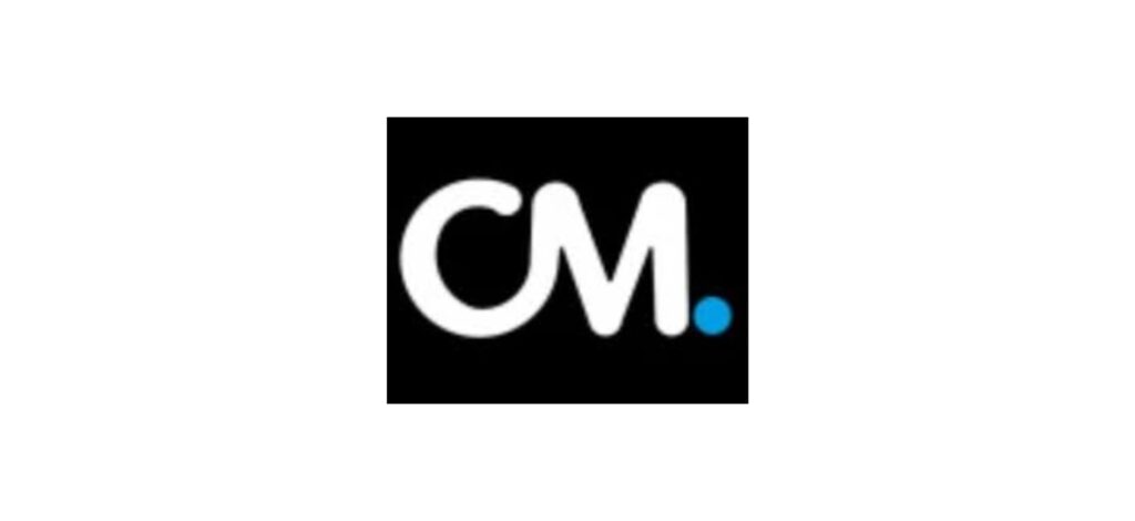 "CodeMasters Agency logo with white CM initials on a black background and a blue dot, symbolizing modern digital solutions."