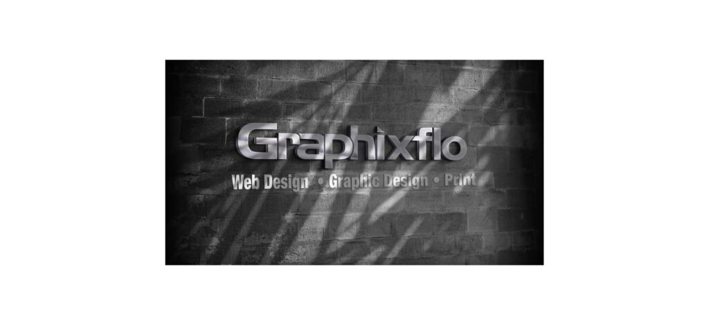 "GraphixFlo logo displayed on a textured brick wall, showcasing services in web design, graphic design, and print solutions."