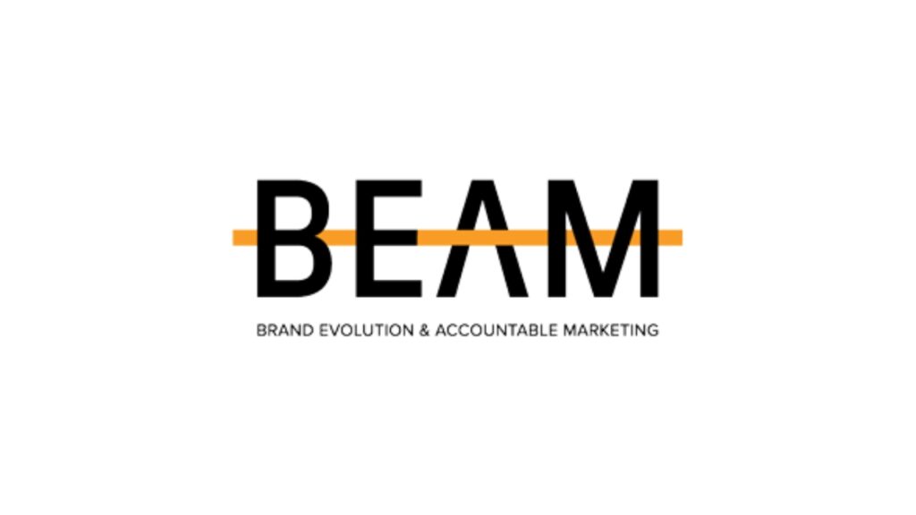 BEAM logo with bold black text and an orange line, representing Brand Beam’s focus on Brand Evolution & Accountable Marketing in Hamilton.