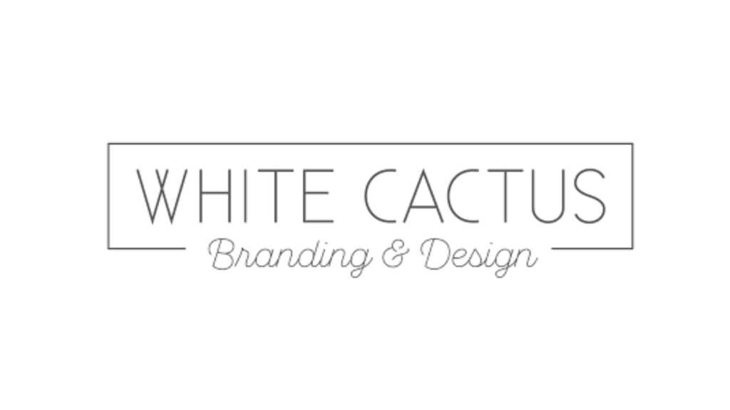 White Cactus Branding & Design logo in elegant thin black text with script subtext, showcasing a boutique agency specializing in packaging and brand identity.