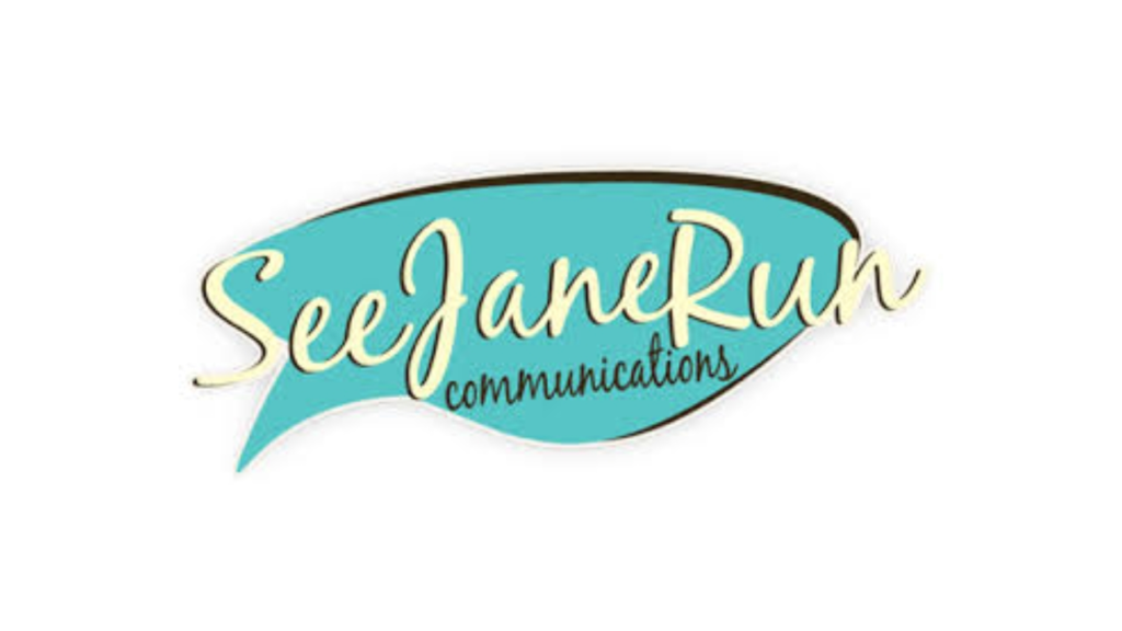 See Jane Run Communications logo featuring handwritten-style yellow text inside a turquoise speech bubble, representing a boutique PR agency in Ontario known for strategic storytelling and personalized public relations services.