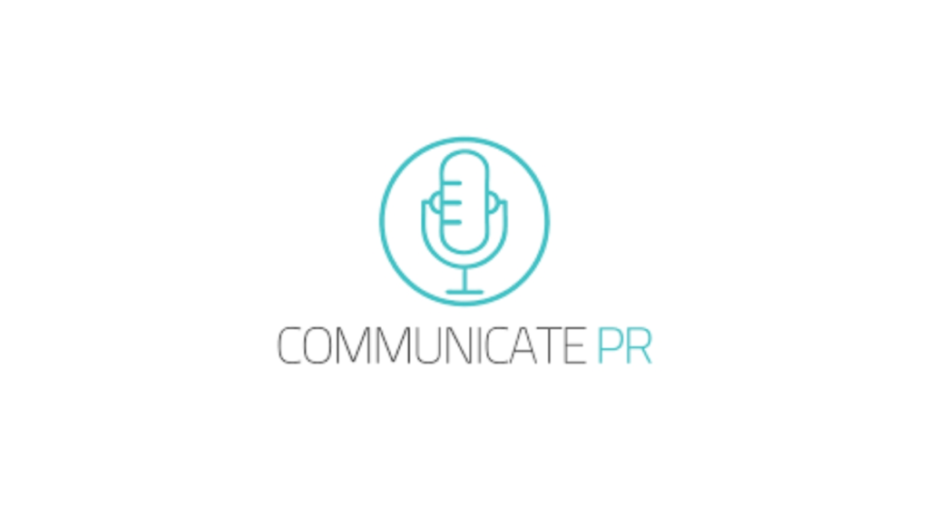 Communicate PR logo featuring a minimalist microphone icon in turquoise above the text "COMMUNICATE PR," symbolizing a modern Canadian PR agency focused on media relations, messaging, and public engagement.