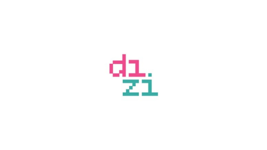 Minimalist logo of D1ZI agency with pixel-style pink and teal text on a white background.”