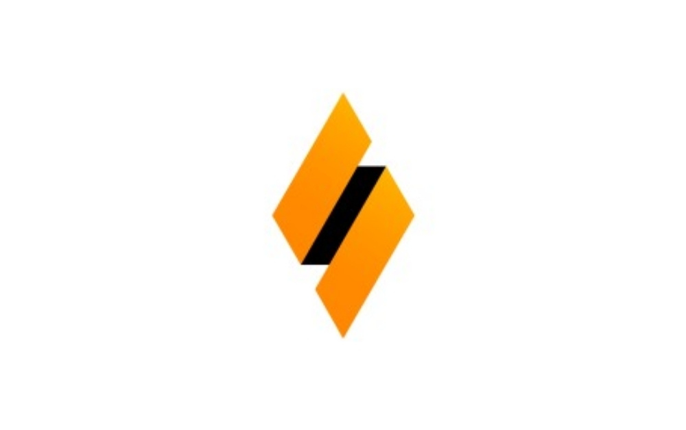 "Modern abstract orange and black geometric logo with symmetrical diamond-shaped elements on a white background, symbolizing innovation and technology."