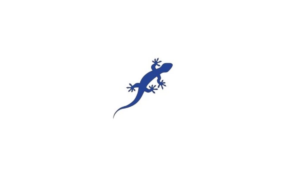 "Minimalist blue gecko silhouette logo on a white background, symbolizing agility, adaptability, and creativity—ideal for tech startups, design firms, or environmental brands."