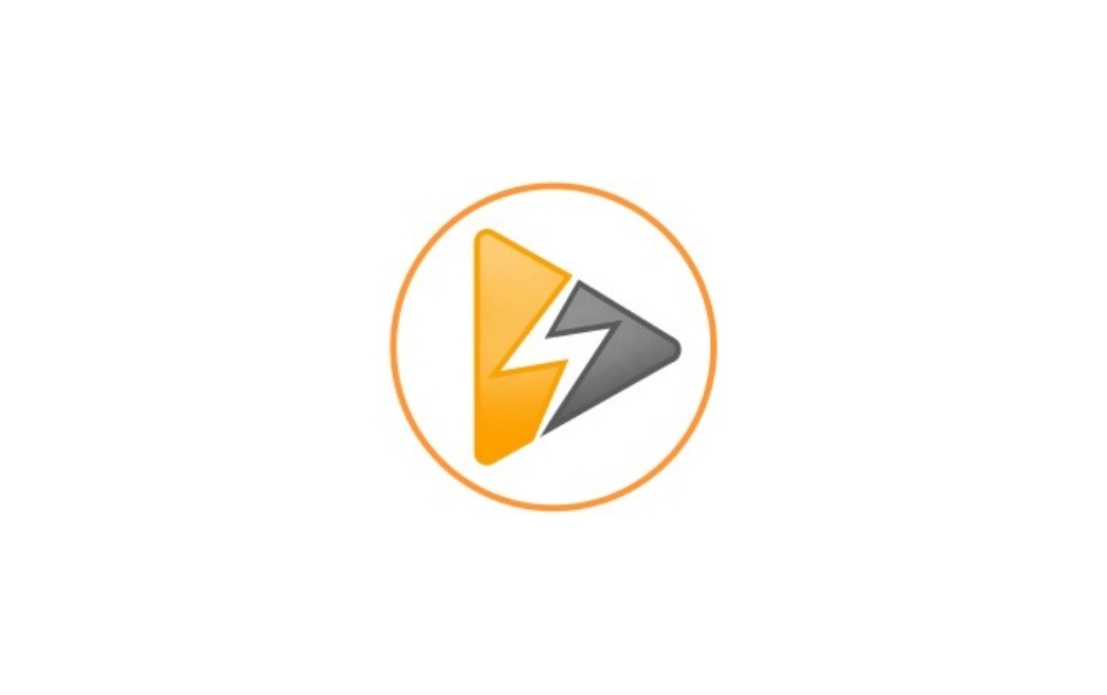 "Dynamic play button logo with a lightning bolt design split between yellow and gray triangles, enclosed in an orange circle, symbolizing energy, media, and fast digital performance."