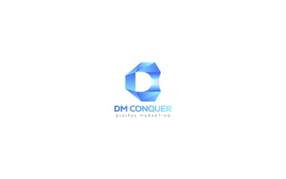 "DM Conquer logo featuring a stylized, faceted blue letter 'D' with a geometric crystal design, accompanied by the text 'DM CONQUER' in bold blue and light blue gradient, and 'DIGITAL MARKETING' in smaller gray capital letters below, symbolizing innovation and expertise in digital marketing."