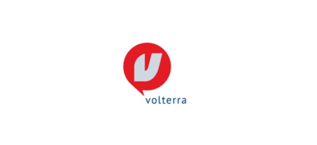 "Volterra logo with red speech bubble and white 'V' lettermark, showcasing a strategic social media agency in Hamilton"