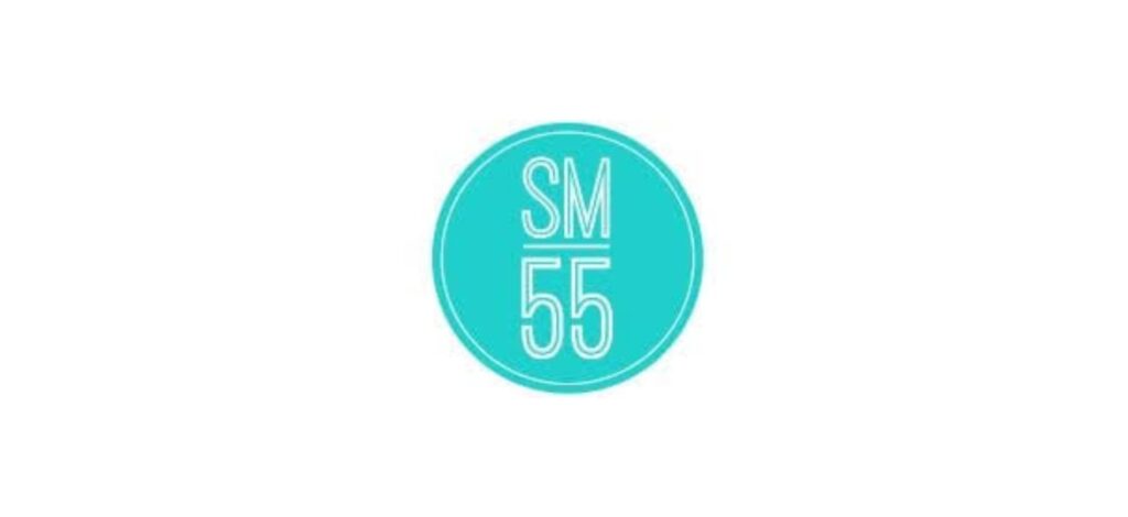 "Social Media 55 logo with 'SM55' text in a turquoise circular badge, representing a top-rated marketing firm in Hamilton"