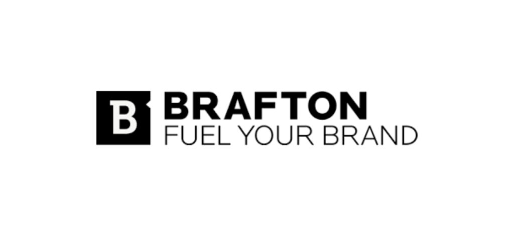 Brafton logo in black and white, with a bold “B” icon and the slogan “Fuel Your Brand”, representing their focus on performance-driven content marketing.
