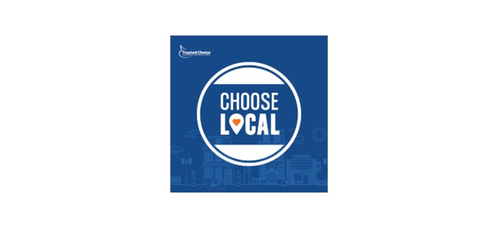 Blue and white logo for ChooseLocal.co with a circular badge design and an orange location pin inside the word "LOCAL", representing community-based digital marketing.
