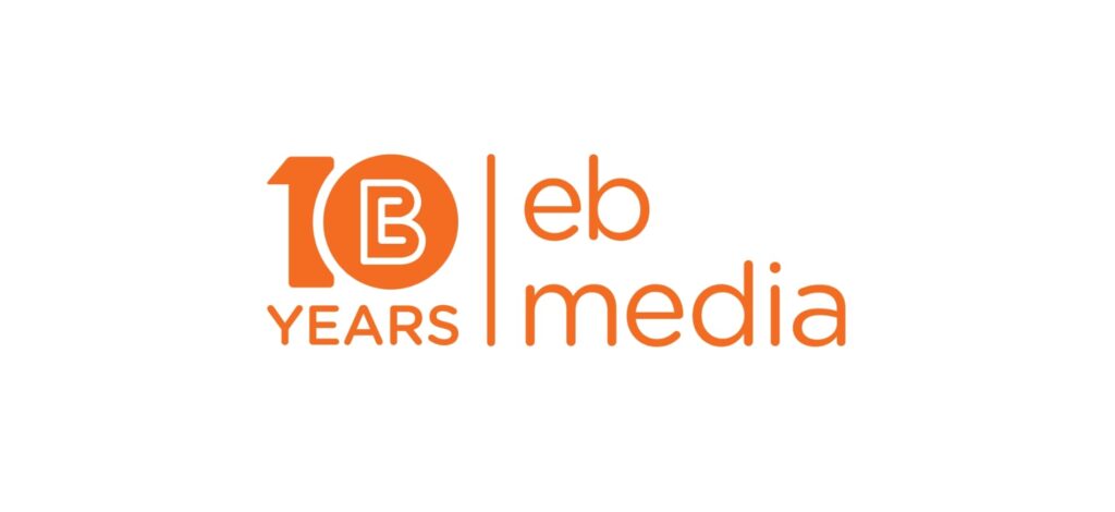 "EB Media 10-year anniversary logo in bright orange, highlighting a decade of experience in web design and digital marketing services based in Hamilton, Ontario."
