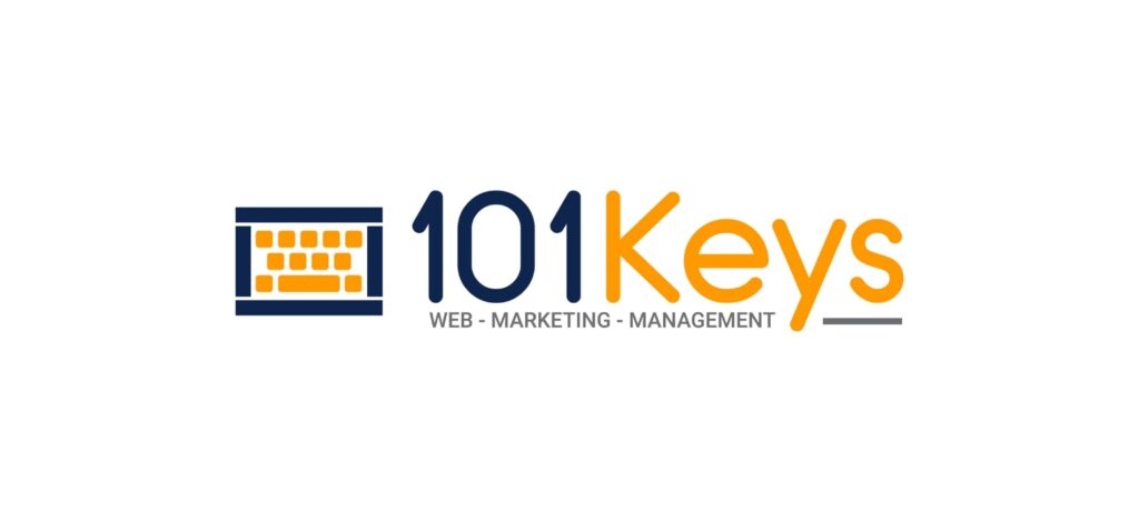 "101 Keys Inc. logo featuring a stylized orange and navy keyboard icon with bold typography, representing a Hamilton-based digital agency focused on web, marketing, and management services."