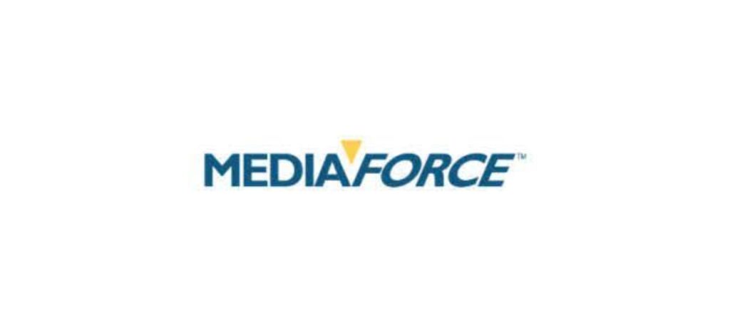 "MediaForce logo in bold blue font with a yellow triangle accent, representing a digital marketing and technology solutions company in Canada."