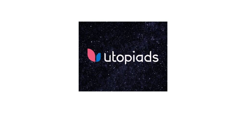 "Utopiads logo featuring a modern pink and blue leaf-like icon with white text on a starry night background, representing a creative digital advertising agency."