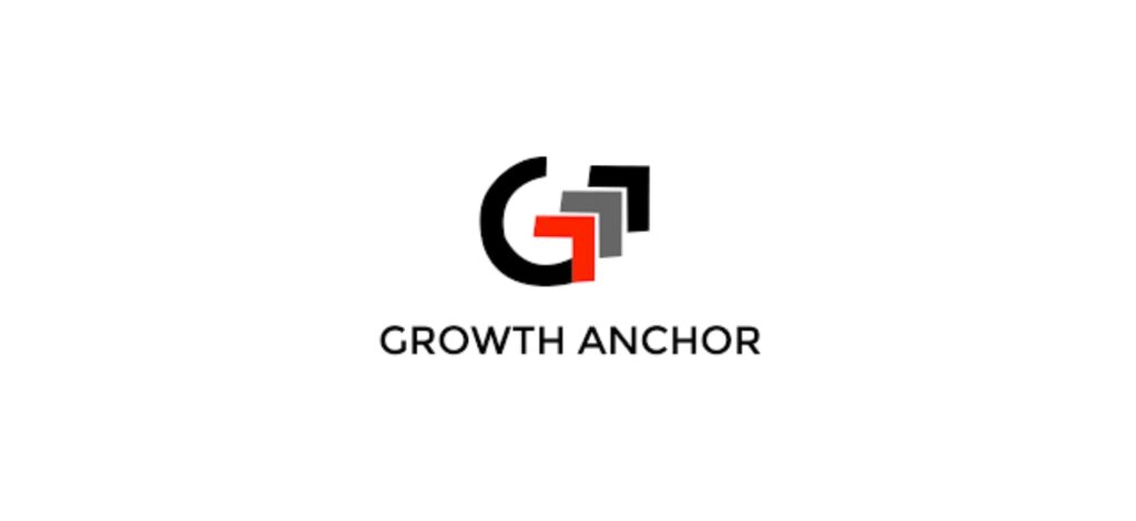 "Growth Anchor logo featuring a modern black and red 'G' icon with upward arrows, symbolizing digital growth and marketing acceleration services."