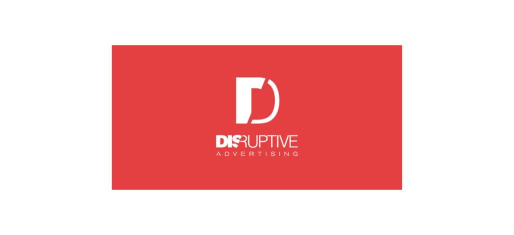 Disruptive Advertising logo displayed on a bold red background, featuring a stylized white “D” and the agency’s name in modern typography—representing a leading performance marketing company.