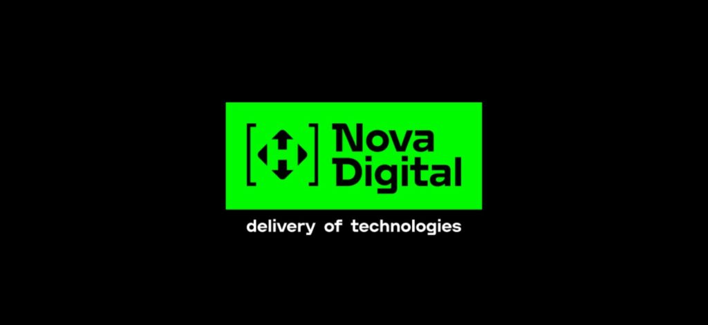 Nova Digital logo with bright green and black contrast, showcasing the agency’s modern identity and tagline "delivery of technologies" for digital services.