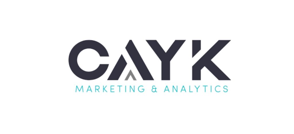 "CAYK Marketing & Analytics logo in dark font with blue tagline, symbolizing a data-driven marketing agency in Hamilton"