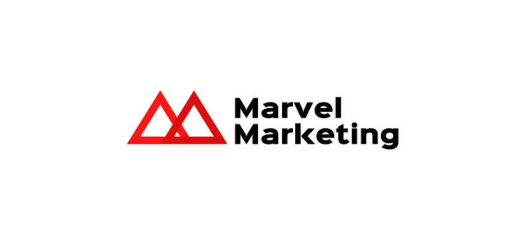 "Marvel Marketing logo with dual red triangles and bold black text, representing a full-service marketing agency in Hamilton"