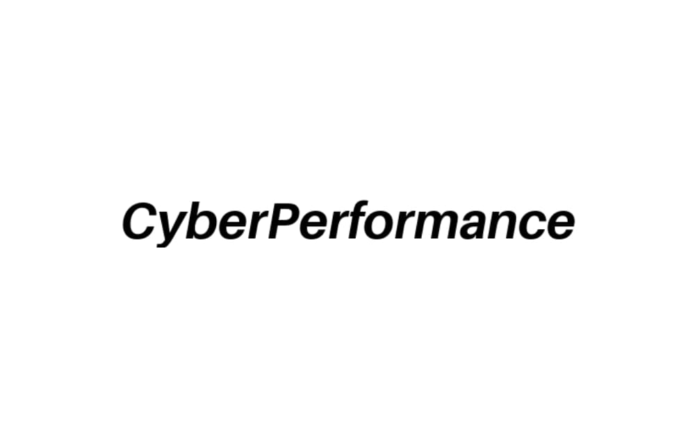Minimalistic logo of CyberPerformance in italic black text on a white background, representing a digital marketing agency offering SEO, ads, and training services in Québec.