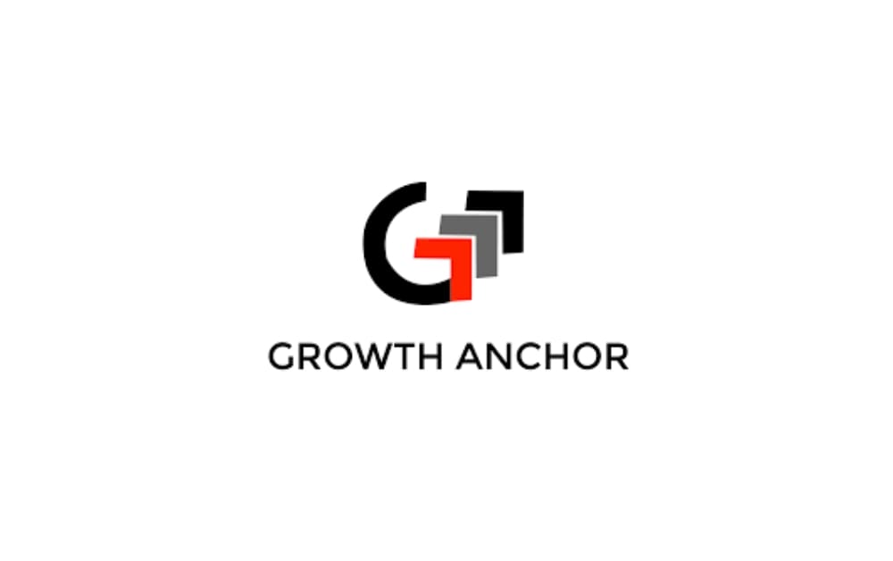Growth Anchor logo with stylized overlapping squares in red, black, and gray forming a “G” icon, paired with modern text below, reflecting global digital growth and brand strategy services.