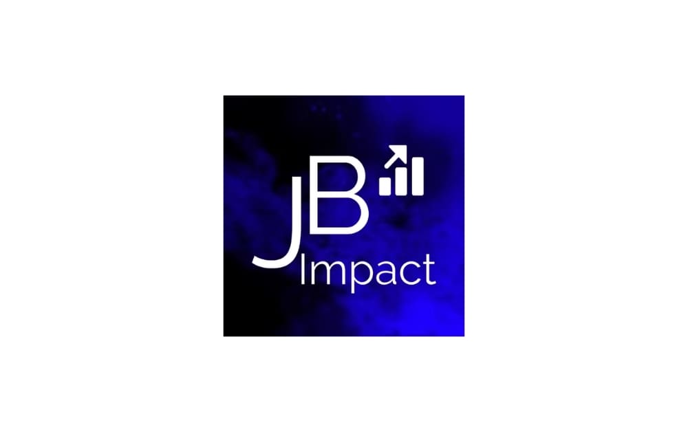 Logo of JB Impact agency featuring bold white text on a deep blue textured background, including a growth chart icon symbolizing marketing and business development.