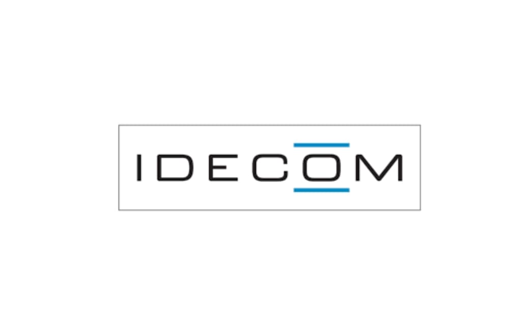 "Idecom logo in clean black font with blue underline elements on the letters 'E' and 'M,' giving it a structured, modern design."