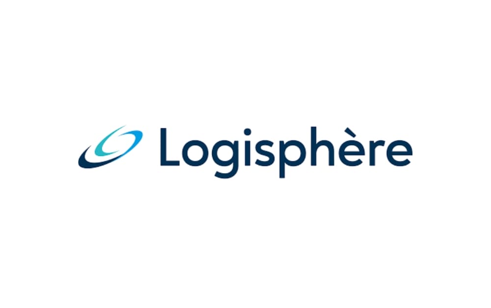 "Logisphère company logo with a sleek blue spiral graphic and bold navy-blue text reading 'Logisphère.'"