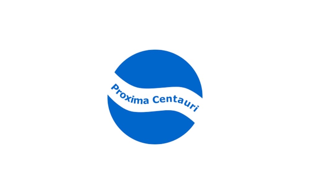"Proxima Centauri logo displaying a stylized blue circle with a white wave-like ribbon across it, containing the brand name in blue text."