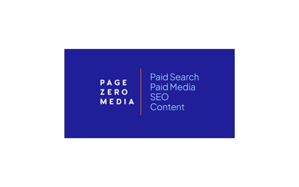Navy blue rectangular logo featuring the text "PAGE ZERO MEDIA" on the left and service keywords “Paid Search, Paid Media, SEO, Content” listed vertically on the right in light blue font.