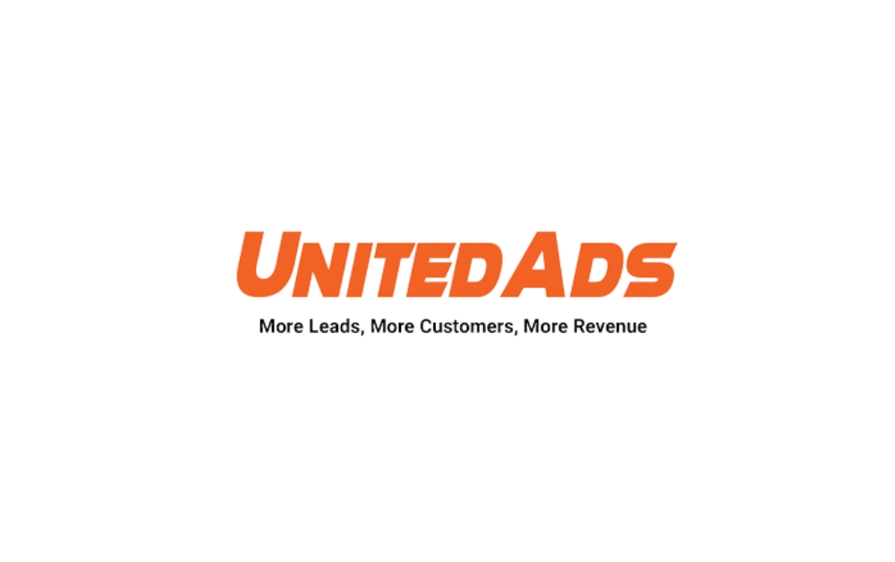 Orange-colored "UnitedAds" logo with bold italic typography, accompanied by the tagline "More Leads, More Customers, More Revenue" in black text on a white background.