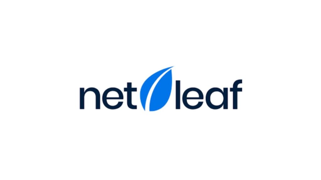 Netleaf logo with a blue leaf symbol replacing the letter “l” in the brand name, written in clean, lowercase dark blue font.