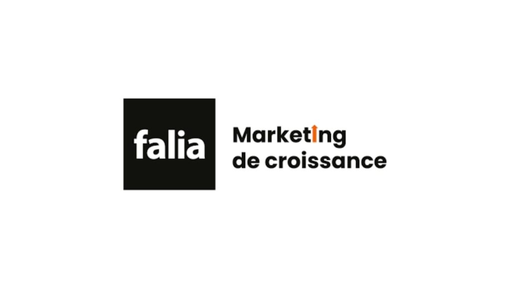 Falia agency logo with “falia” in white lowercase text inside a black square, paired with the French tagline “Marketing de croissance” featuring an orange upward arrow as the "i".
