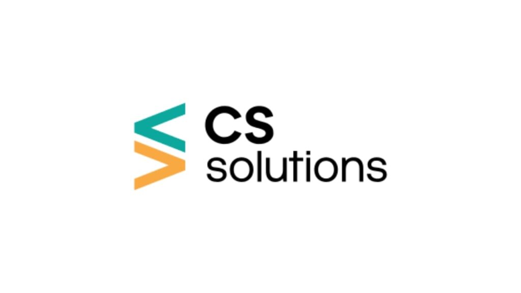 Logo of CS Web Solutions featuring angled teal and orange lines forming a stylized "C" and "S" beside the words “CS Solutions” in bold black font.