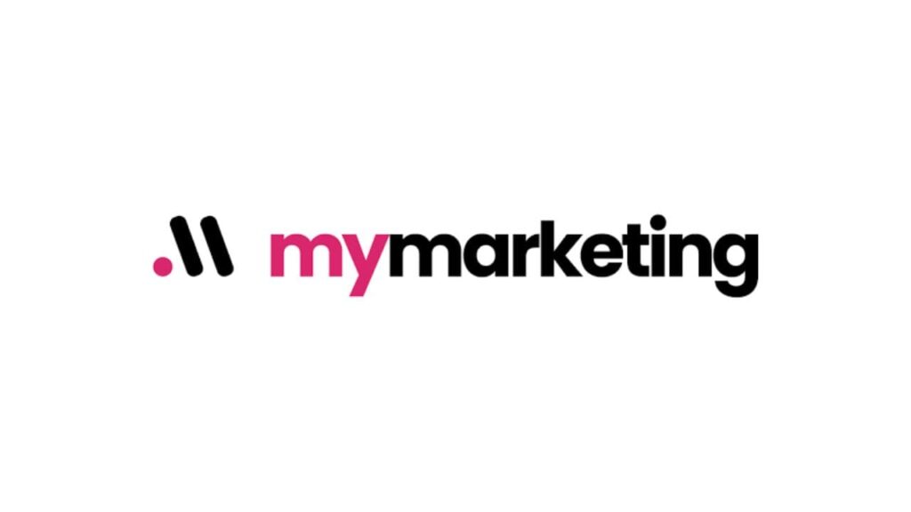 myMarketing logo with a pink and black color scheme, combining a unique dot-slash “M” symbol and the brand name in clean modern font.