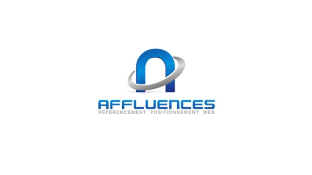 AFFLUENCES logo featuring a bold blue and silver “A” encircled by a swoosh, with the tagline “Référencement Positionnement Web” in French.