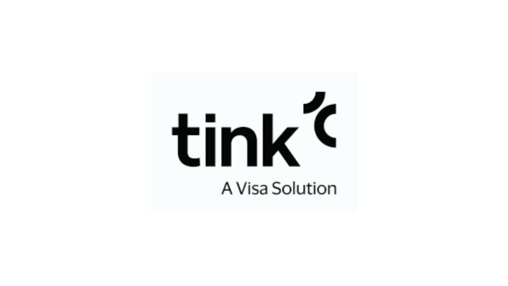 Tink logo with black lowercase text followed by a curved graphic symbol, and the tagline “A Visa Solution” beneath, representing corporate digital services.